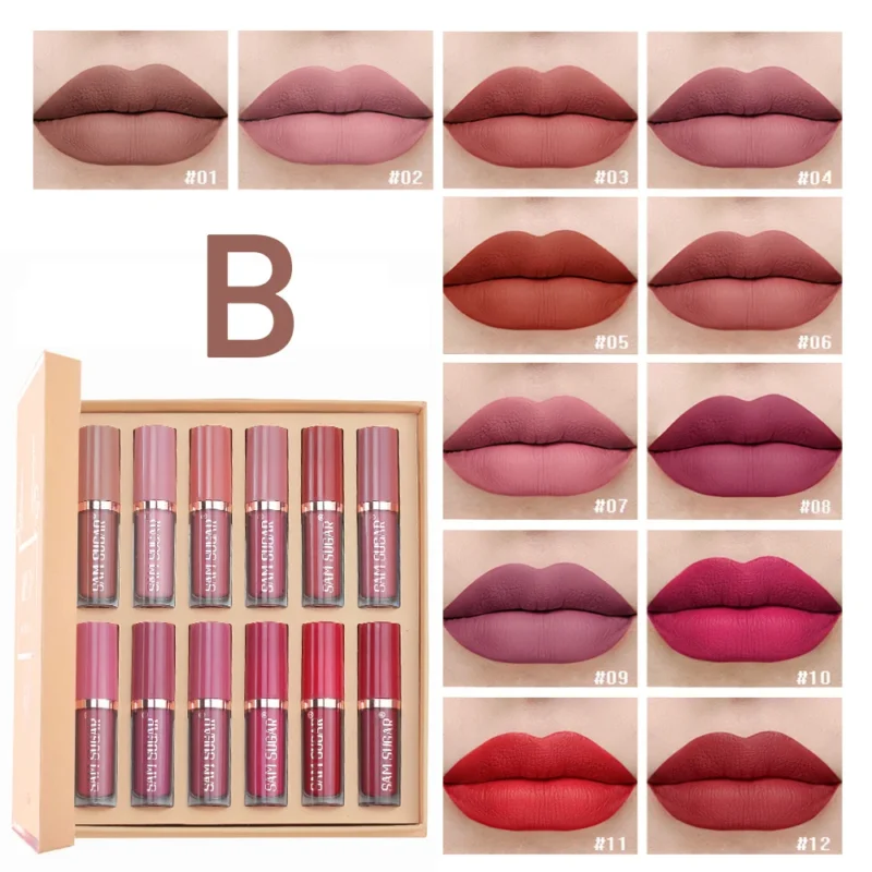 SAM SUGAR 12pcs Multi-Color Lip Gloss Set – Matte Velvet, Waterproof, Long-Lasting Lipstick - Image 4