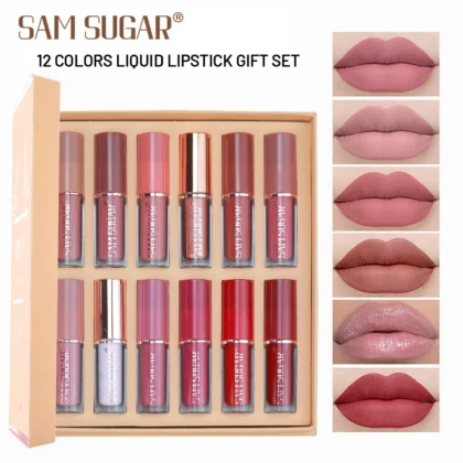 SAM SUGAR 12pcs Multi-Color Lip Gloss Set – Matte Velvet, Waterproof, Long-Lasting Lipstick