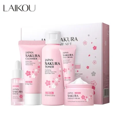 LAIKOU Sakura 5-Piece Korean Skincare Set – Hydrating, Pore-Cleansing & Fine Line Care