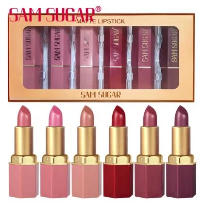 6-Piece Gold Bar Matte Lipstick Set – Velvet Texture with Pearlescent Glitter, Perfect Gift Edition